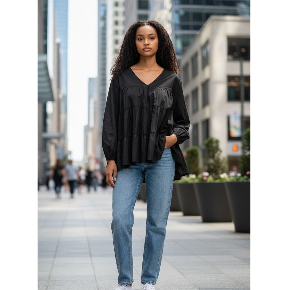Merlette Sidonia Blouse Medium Black Tiered Cotton V Neck Boho Peasant Top